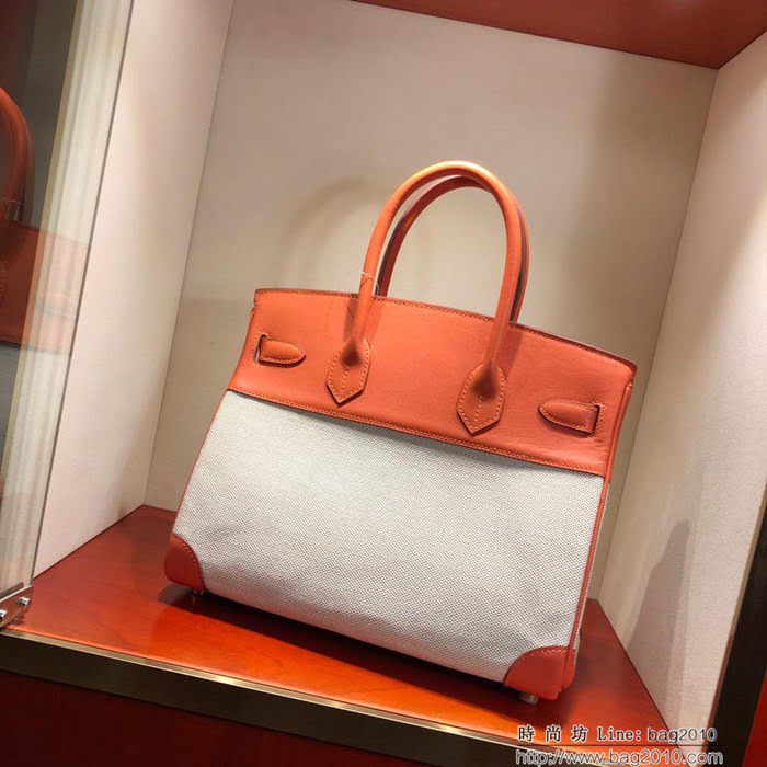 HERMES愛馬仕 鉑金包 Birkin30Cm Swift拼帆布 93 Orange 橙色 銀扣 頂級工藝 手縫蠟線 無敵限量版 古董包  Ama1602